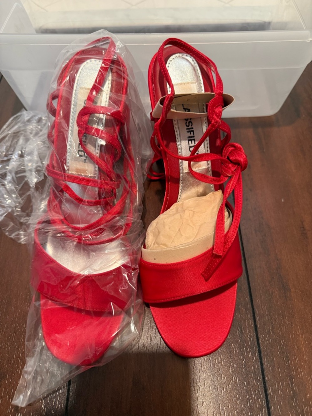 Classified Red Satin Lace-Up Heeled Sandals